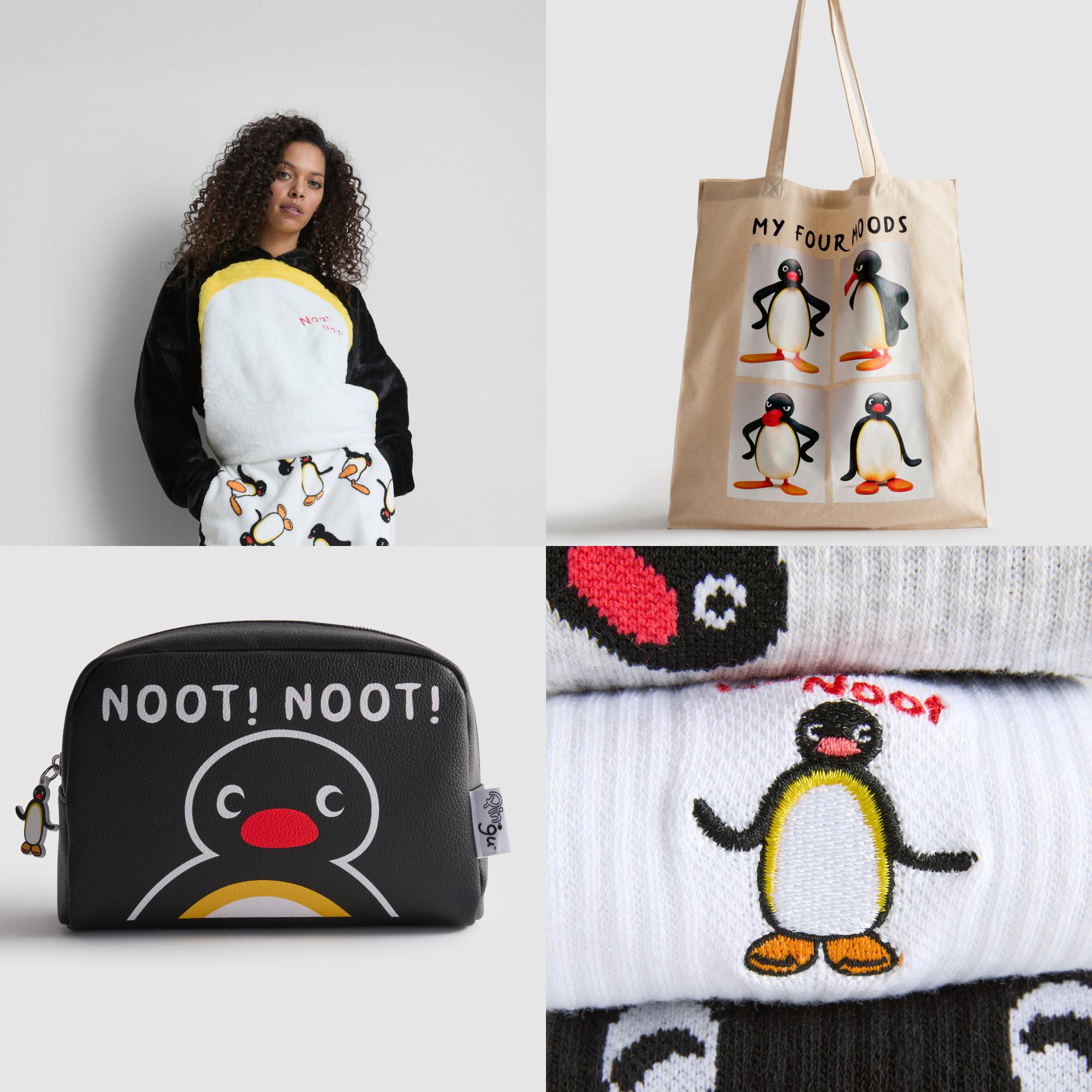 Collection of penguin-themed items including pyjamas, a tote bag with "MY FOUR MOODS", a makeup bag, and embroidered clothing detail.
