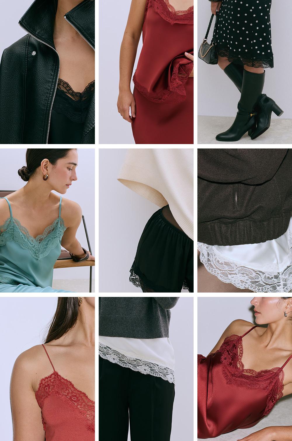 Collage of women's fashion items including leather jackets, lace-trimmed camisoles in red and teal, and knee-high boots with polka dot dress.