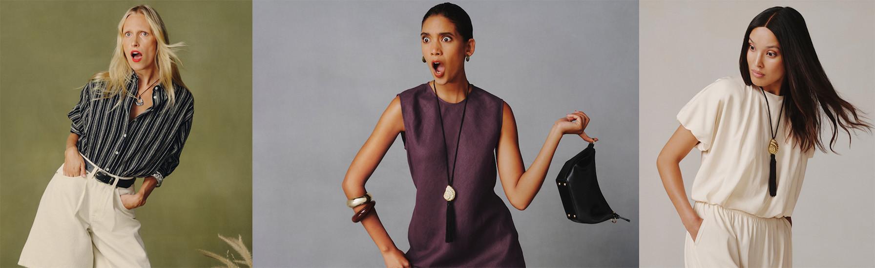 Three models showcase outfits against different backdrops.