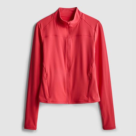 Coral pink athletic jacket with full-length zip and two side pockets.