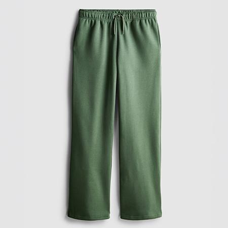 Green wide-leg joggers with elasticated waistband and drawstring tie.