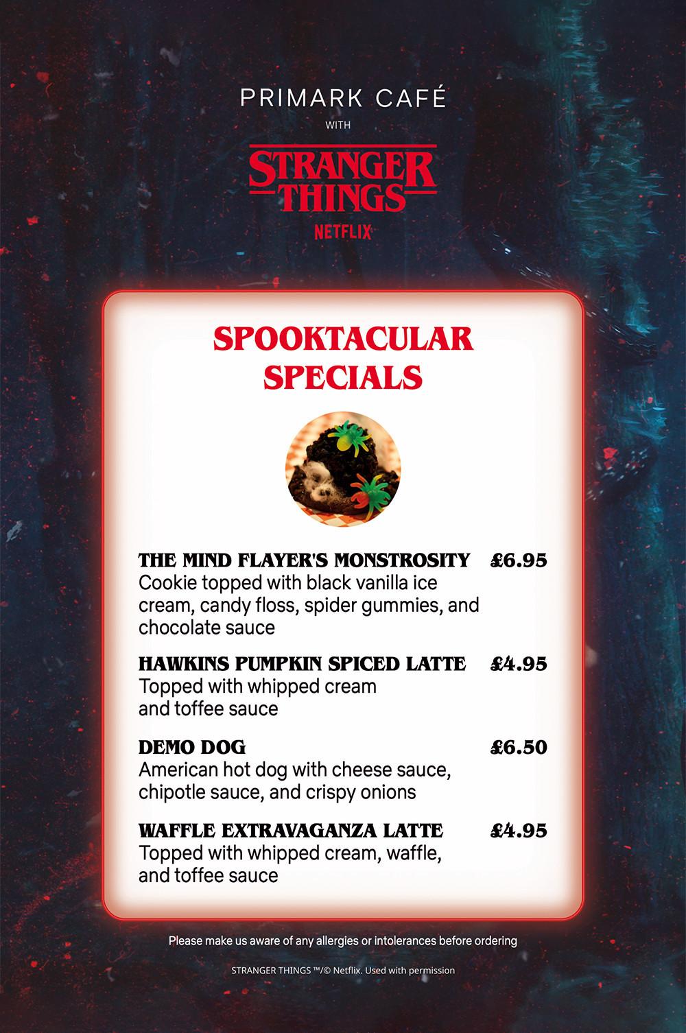 Primark Café menu featuring Stranger Things themed "Spooktacular Specials" with themed desserts and drinks.