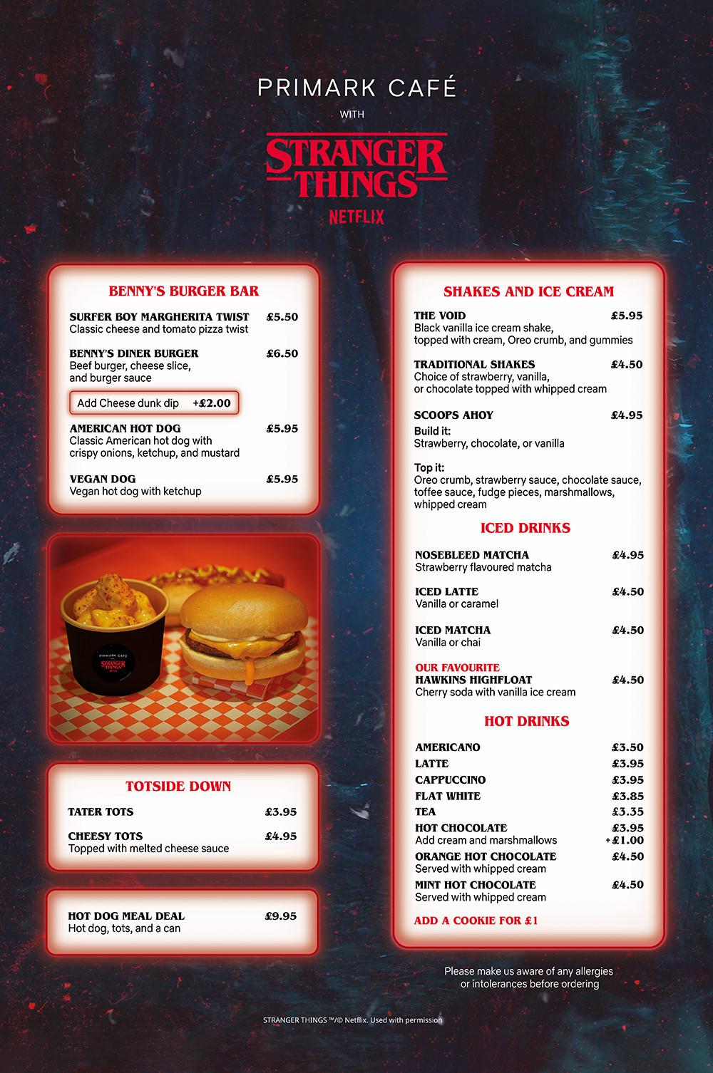 Primark Café menu featuring Stranger Things theme with burgers, hot dogs, shakes and themed drinks.