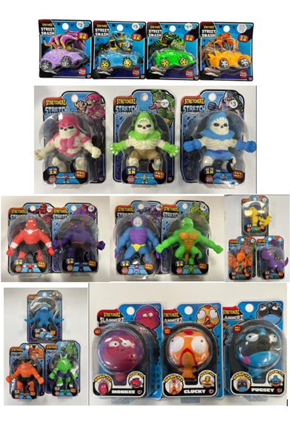 Assortment of Street Smash stretchy toy figures, vehicles and squishy balls in colourful packaging.