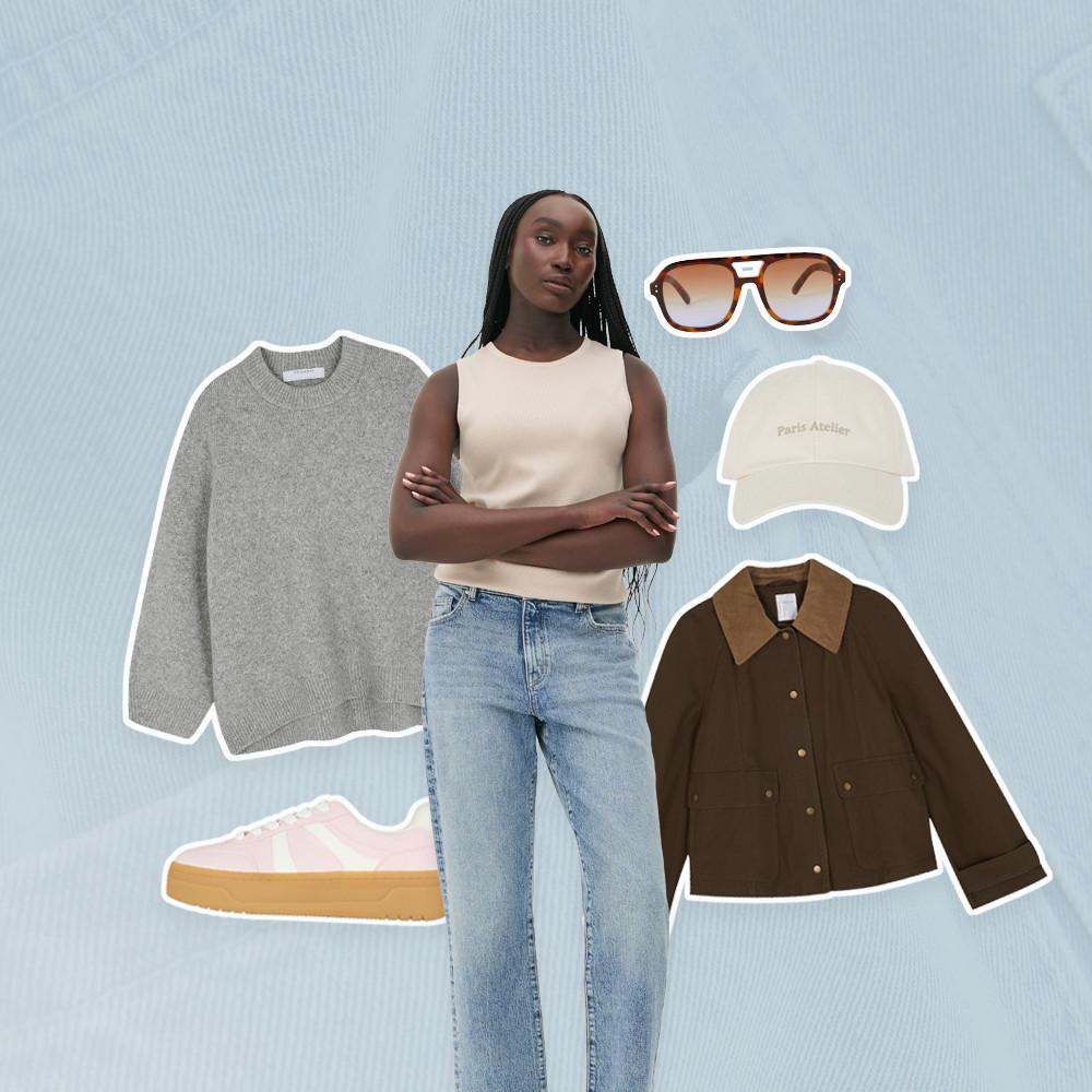 Persona che indossa un top panna e jeans circondata da articoli di moda: maglione grigio, giacca marrone, cappellino panna, occhiali da sole e scarpe da ginnastica rosa.