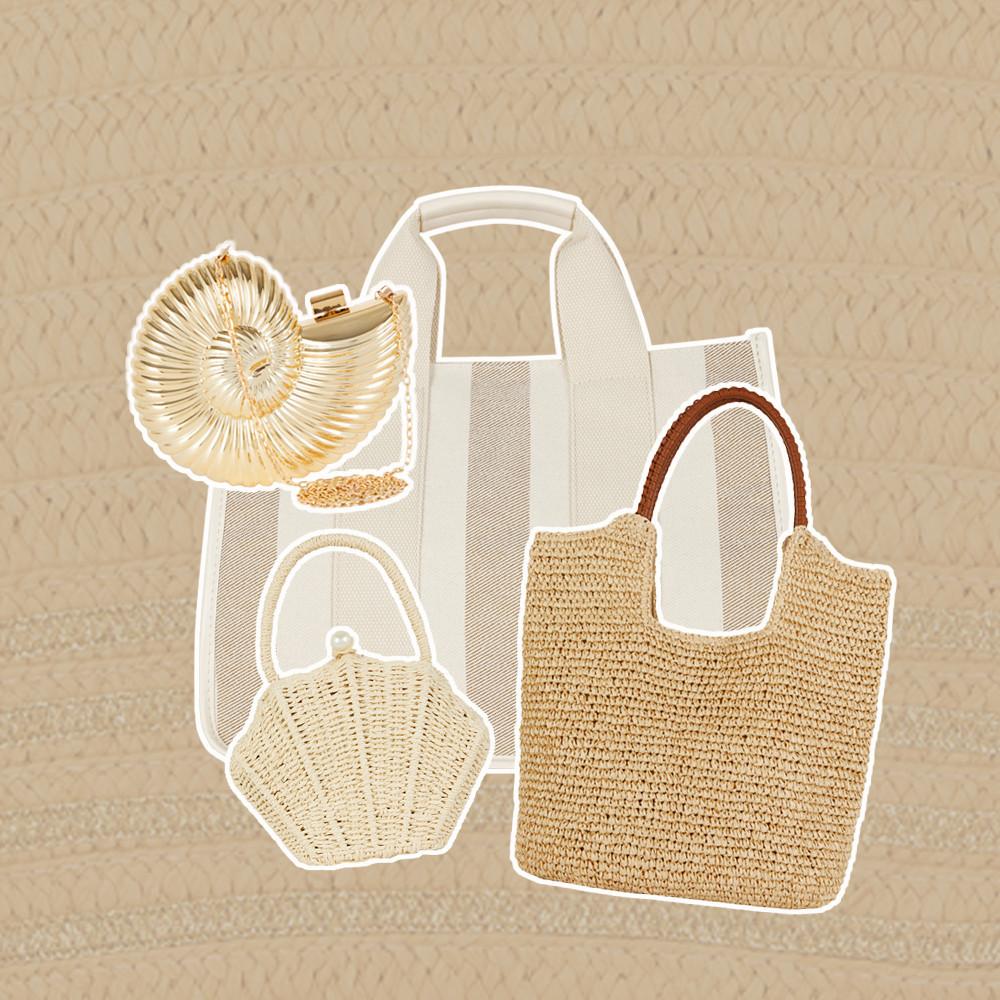 Collezione di borse estive, tra cui una borsa tote in tela a righe, una borsa a cestino in paglia, una pochette a forma di conchiglia e una borsa tote intrecciata con manici marroni.