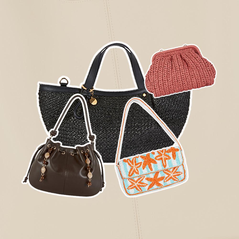 Collection of four handbags including a black woven tote, brown drawstring bag with beaded details, blue crossbody with orange starfish pattern, and coral crochet clasp purse.