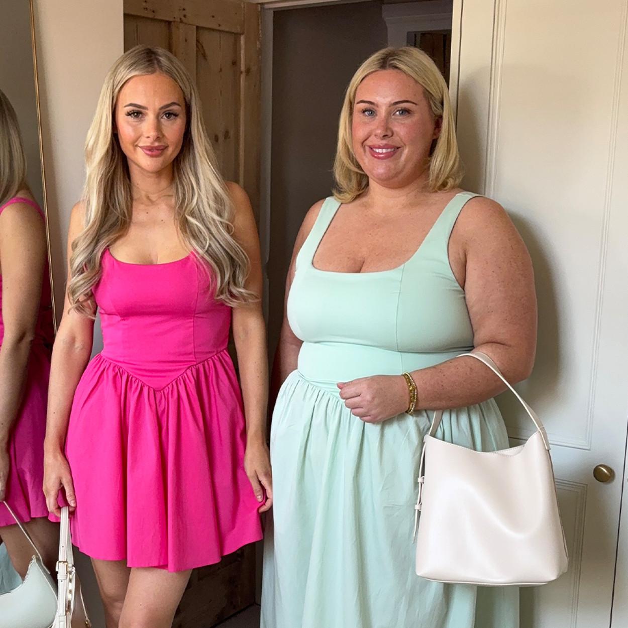 Models in the sleeveless mini bow dress in pink and midi pastel green version with white bags