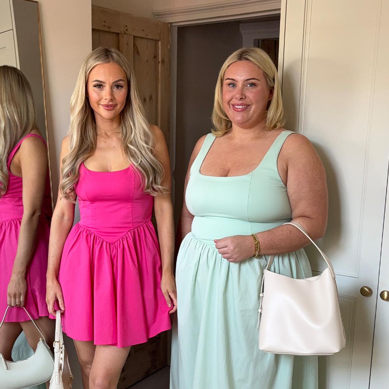 Models wearing the sleeveless mini bow dress in pink and midi pastel green bow dress with a white bags