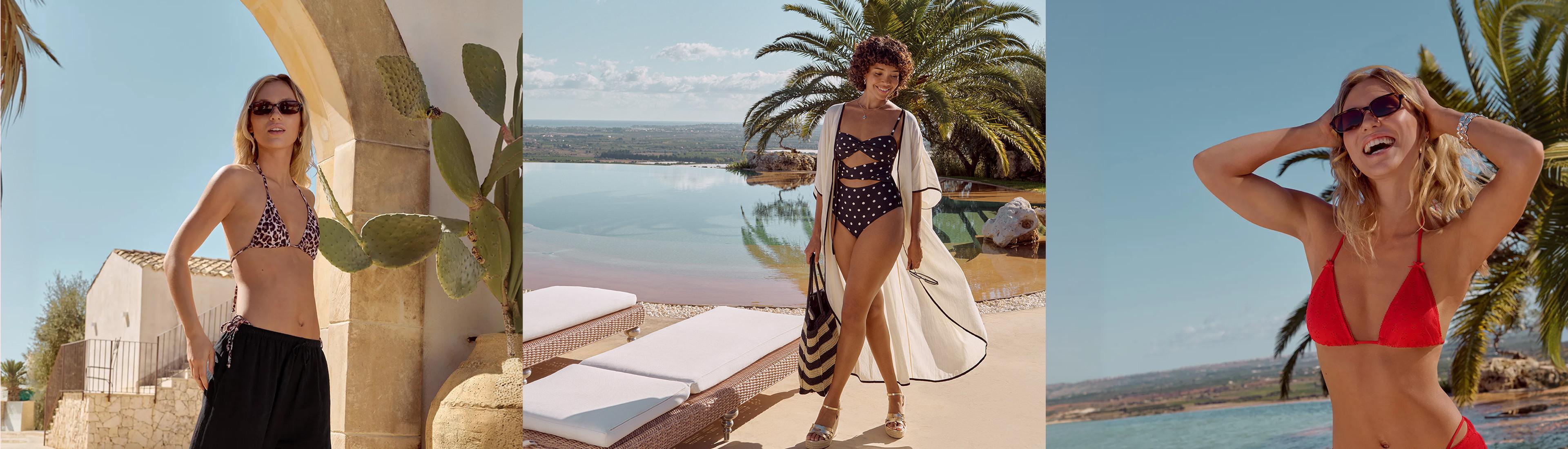 Trois modèles de maillots de bain présentés dans un décor tropical, entre palmiers et vue sur l’eau.