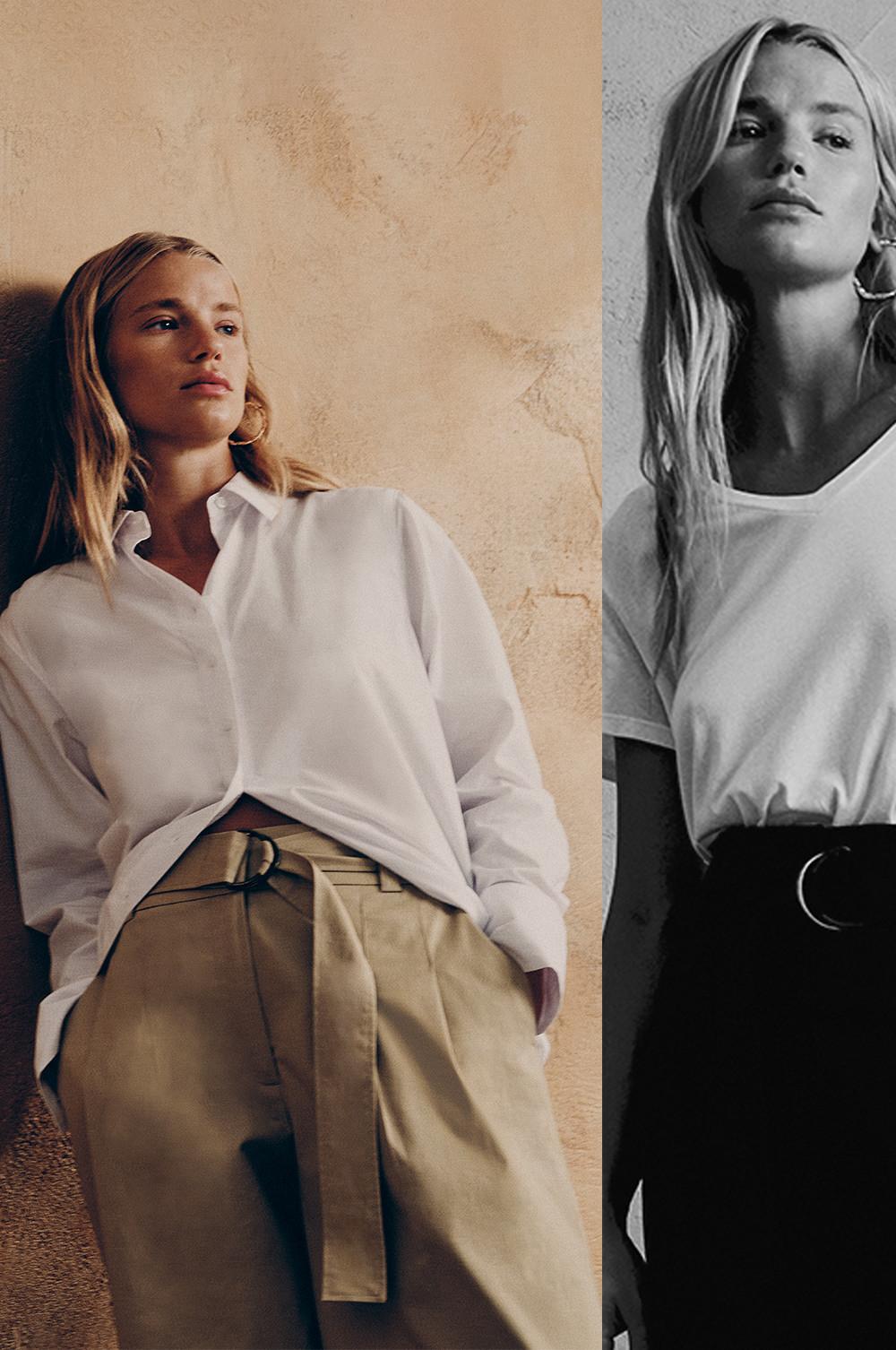 Model in kamelbrauner Hose mit weitem Bein und D-Ring-Gürtel