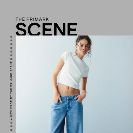 Fashion advertisement featuring navy striped top and brown trousers from Primark Scene collection.