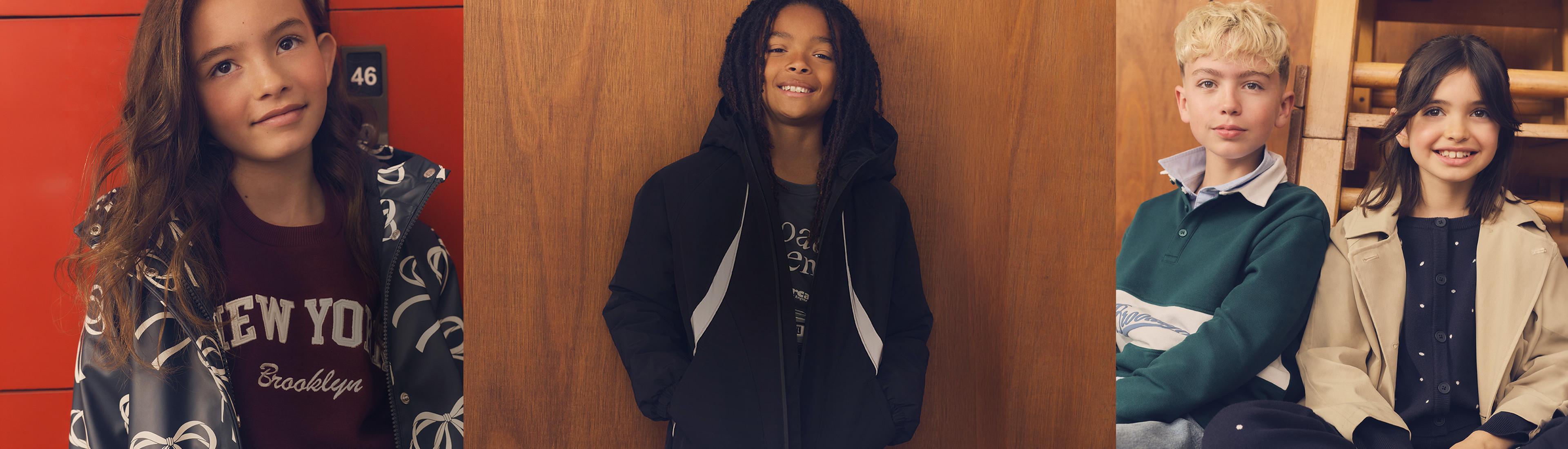 Four children modeling casual clothing including hoodies, sweatshirts and jackets in various colors.