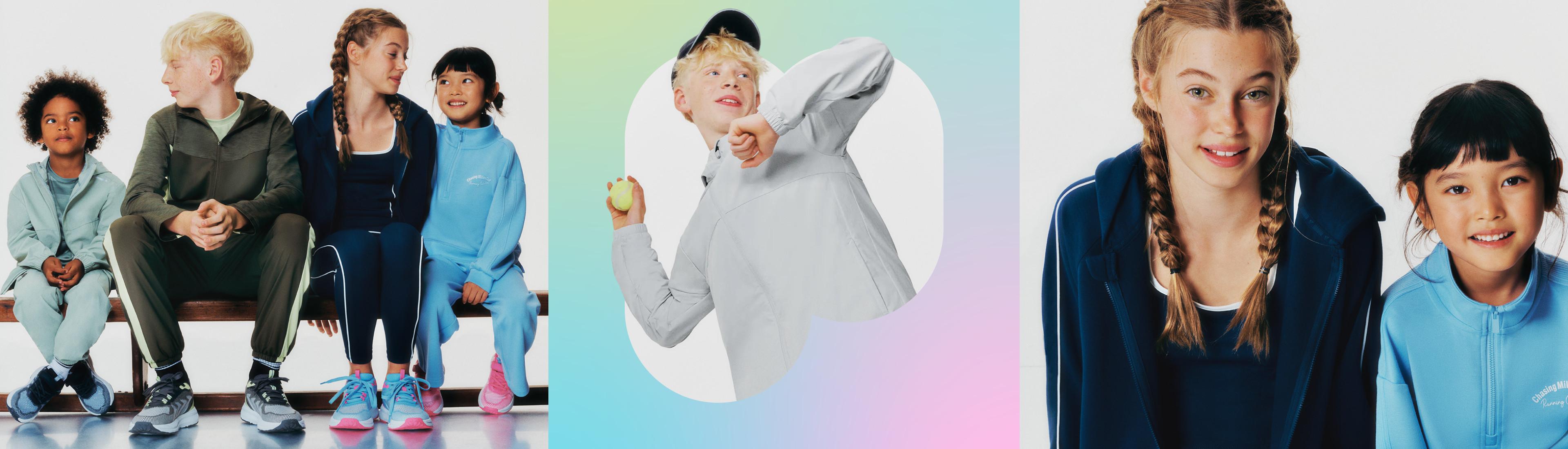 Bambini che indossano abbigliamento sportivo colorato e tute sportive in una pubblicità di abbigliamento sportivo.