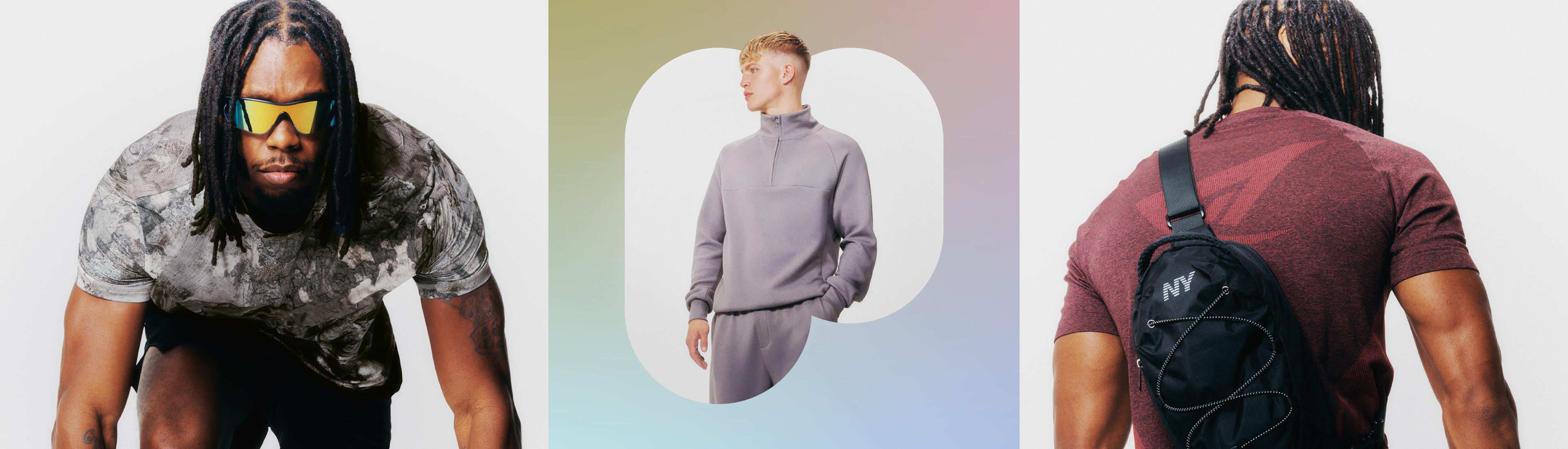 Trei modele care poartă seturi de pijamale: un set de îmbrăcăminte lejeră gri, un tricou tip baseball cu pantaloni în carouri și un hanorac albastru.