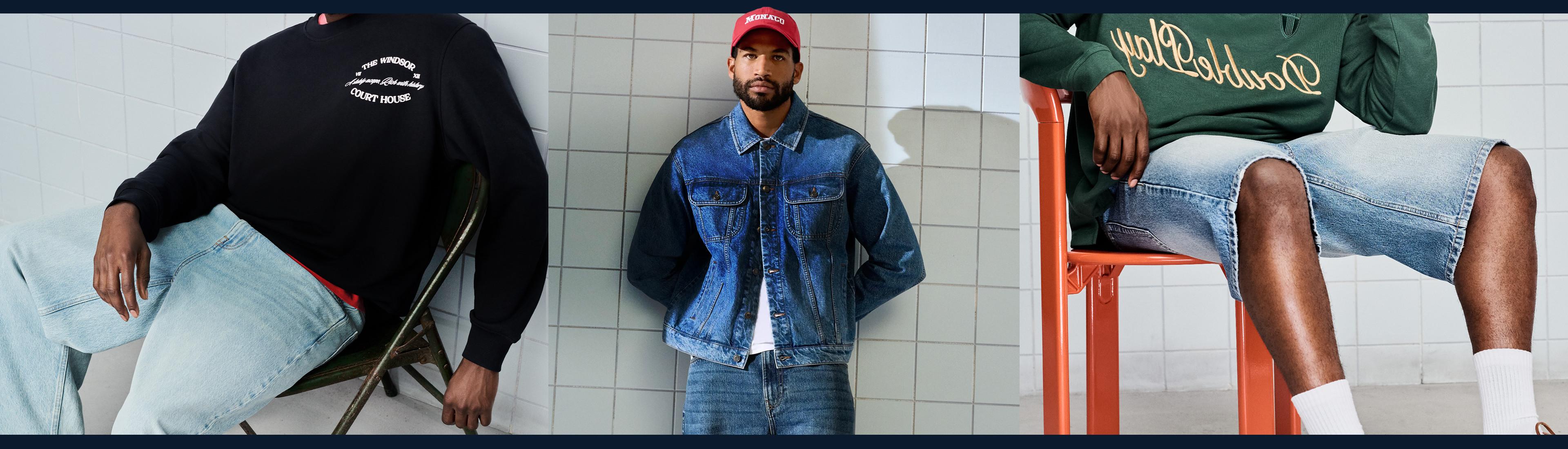 Trei modele care poartă îmbrăcăminte sport Primark. Poartă pantaloni de trening negri și un top sport cu o șapcă verde, un tricou de sală bordo cu pantaloni scurți negri și pantofi sport gri, precum și un trening gri.