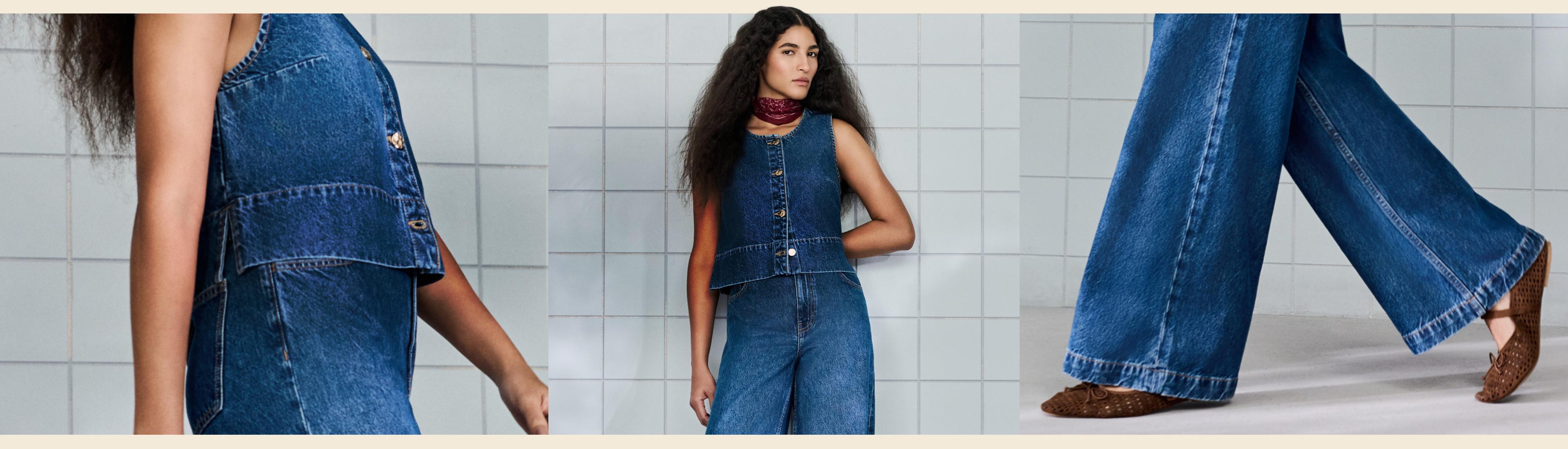 Primark présente une collection mode avec des tenues sportives avec des vêtements de sport noirs, un haut court rouge associé à un bas de jogging gris et un body à couleurs contrastées.