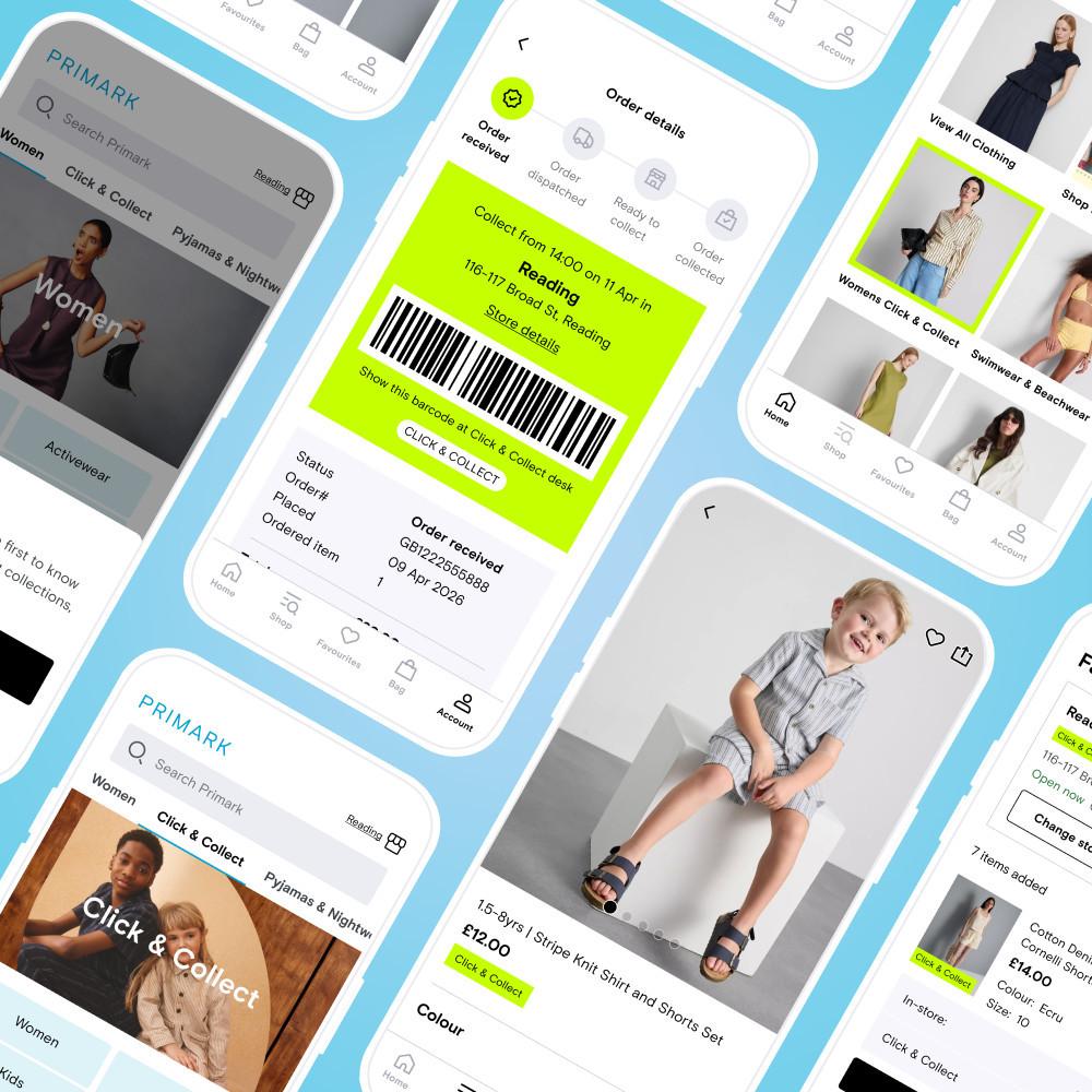 Multiple smartphone screens showing Penneys retail app with store finder, clothing listings and welcome page on blue background.