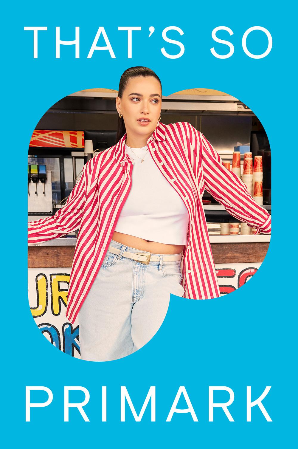 Primark fashion advertisement showing red and white striped shirt over white crop top with light jeans against a blue background.