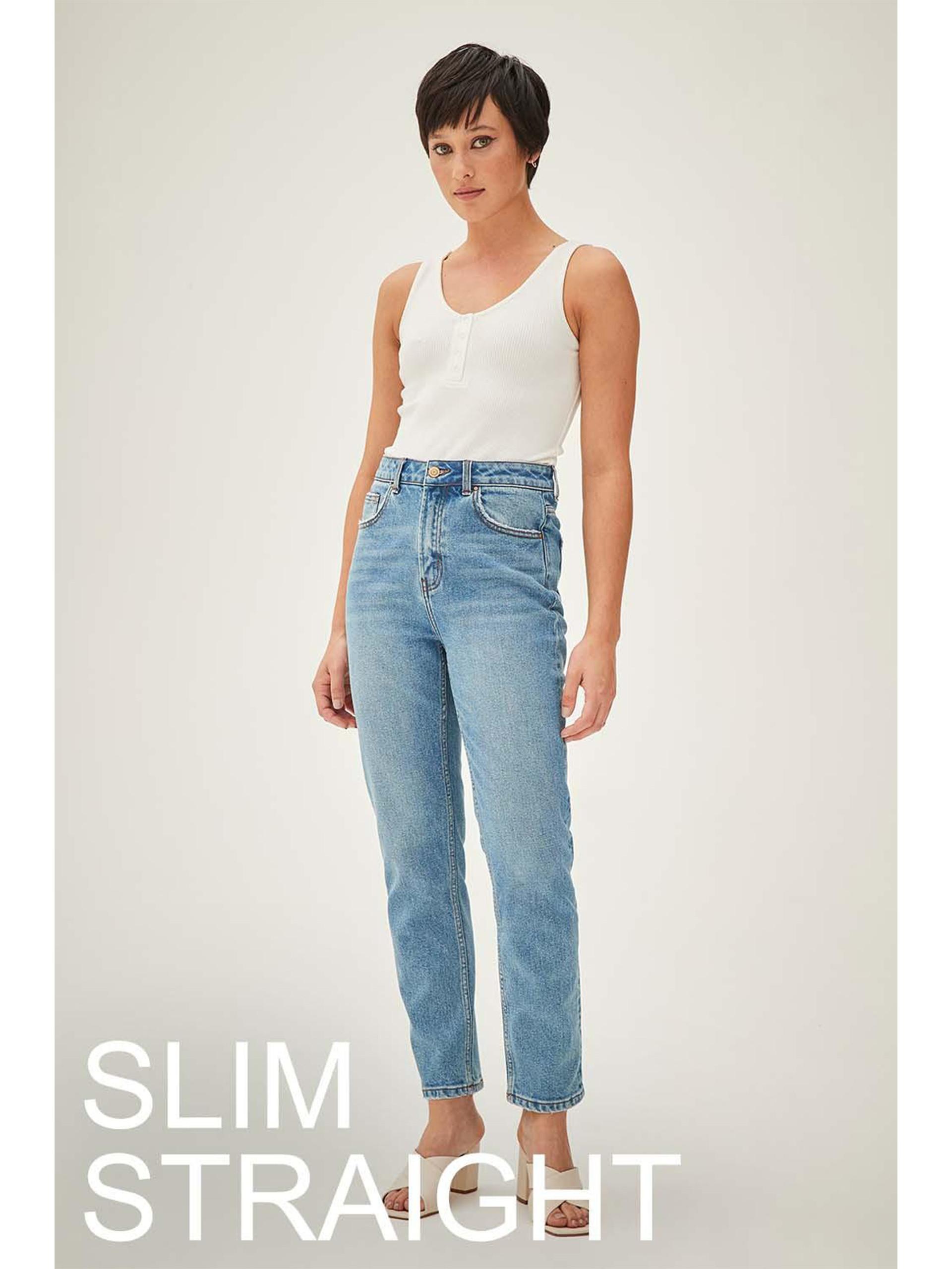 Model wears blue, slim straight jeans