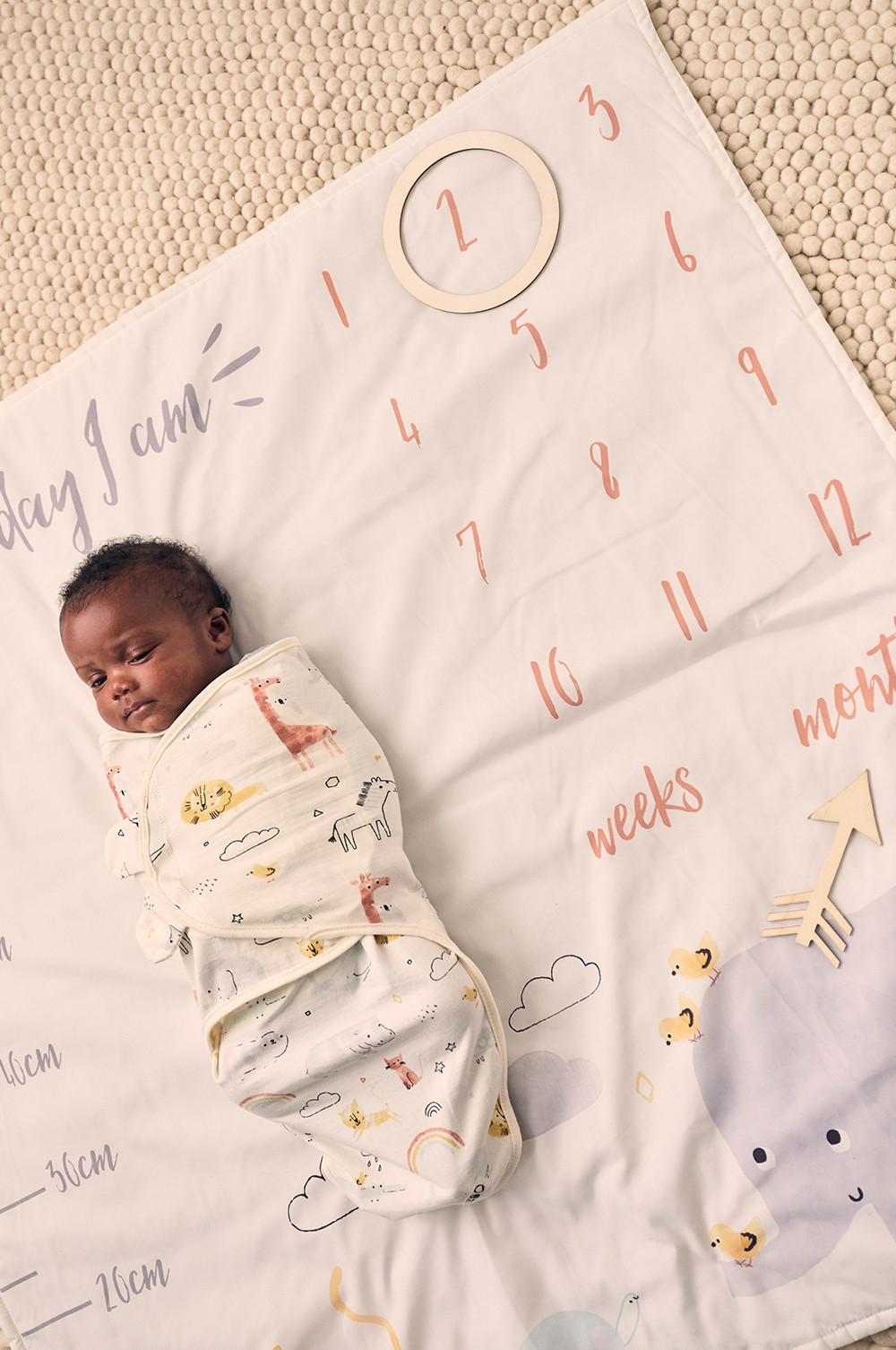 Swaddled baby on milestone blanket