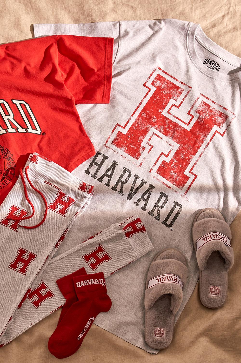Image à plat d'un pyjama Harvard et d'accessoires déclinés dans le rouge et le gris