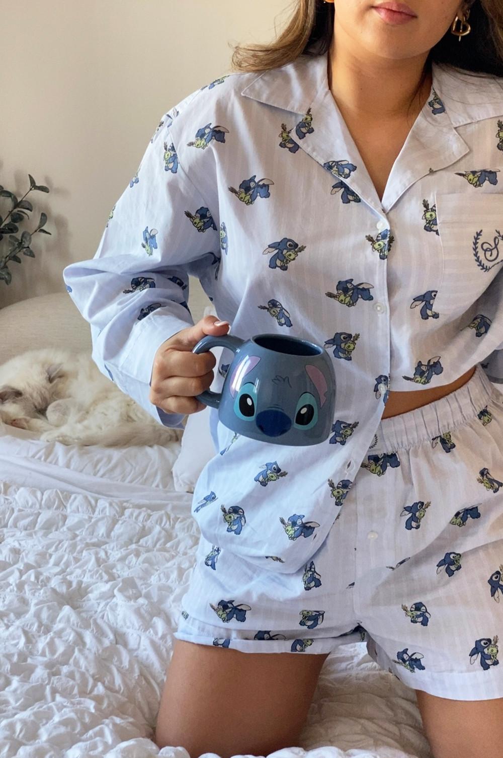 Model wears blue stitch pyjamas