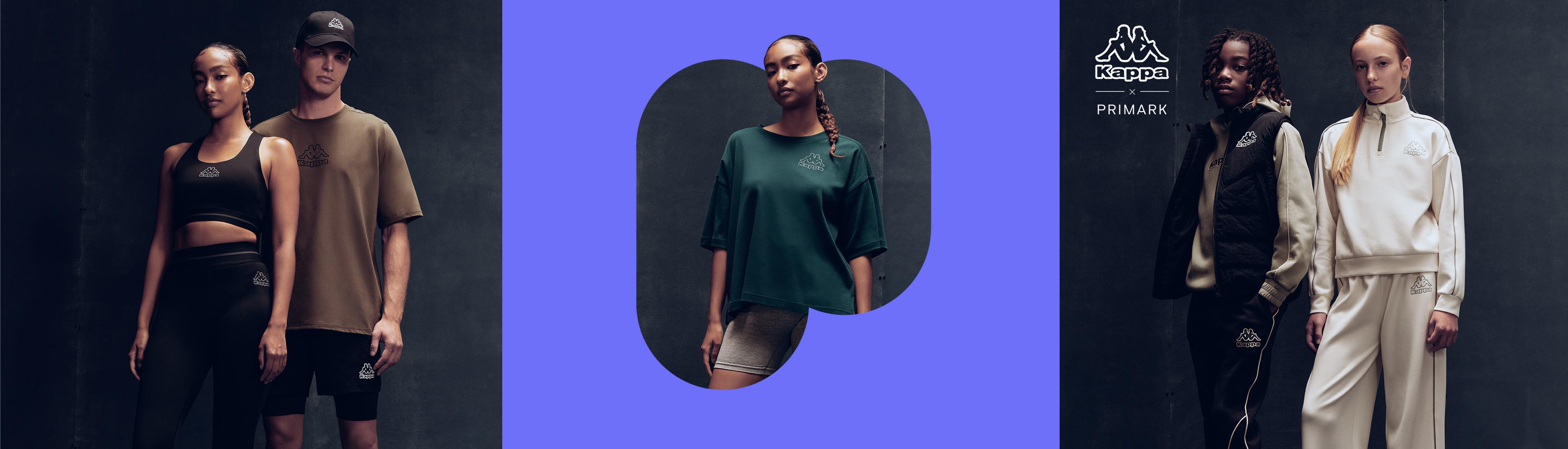 Kappa x Primark sportswear collection featuring athletic apparel in black, green, brown and cream colours.