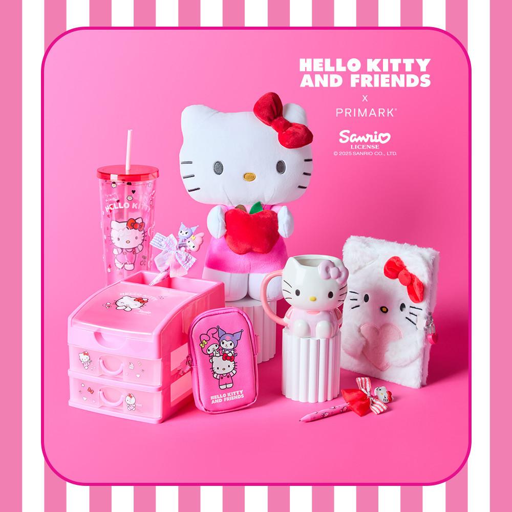Kollektion mit Hello Kitty-Artikeln, darunter ein Plüschtier, rosa Aufbewahrungsschubladen, ein Notizbuch, ein Becher, ein Federmäppchen und eine Tasse.