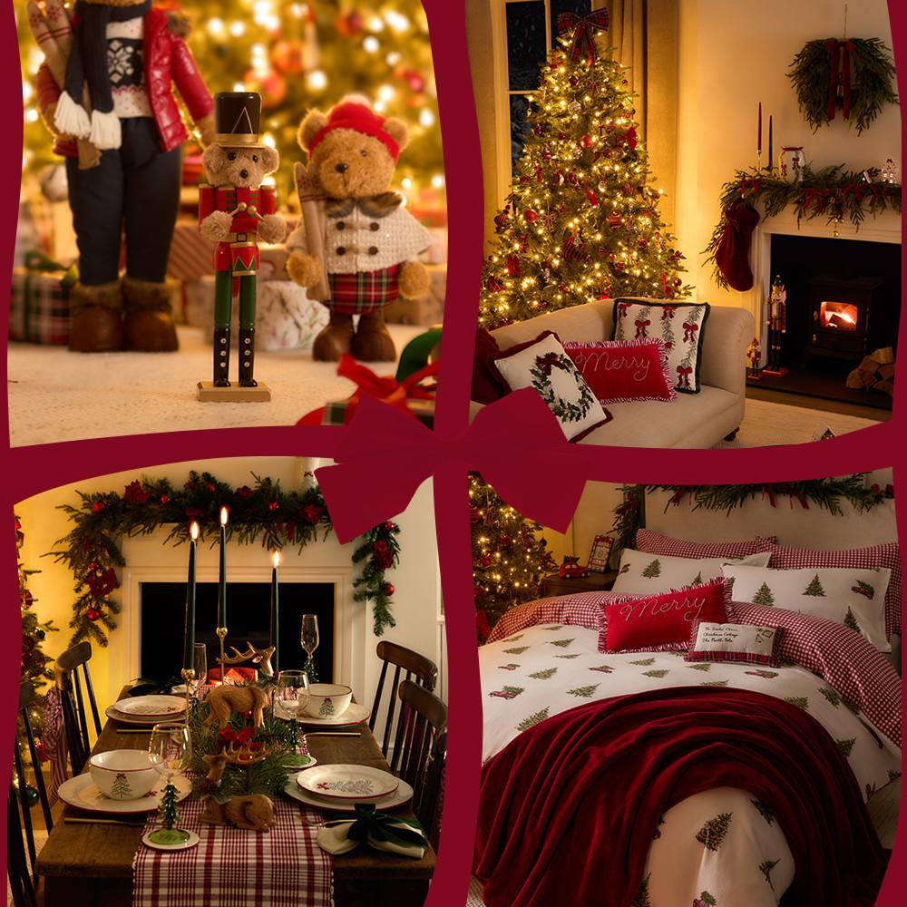 Colección de decoración navideña para el hogar que incluye adornos, un árbol con luces, una mesa de comedor y ropa de cama.