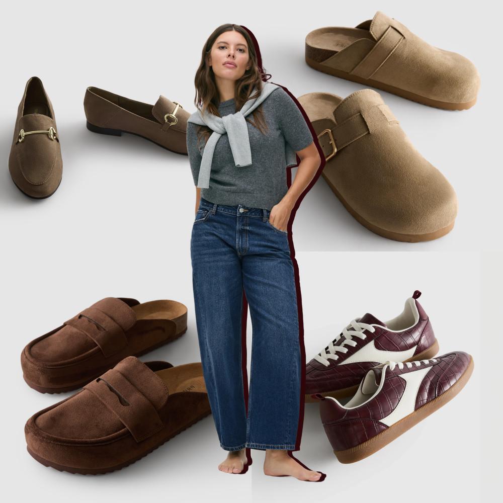 Person wearing gray jumper and jeans surrounded by various shoe styles including loafers, clogs and sneakers.