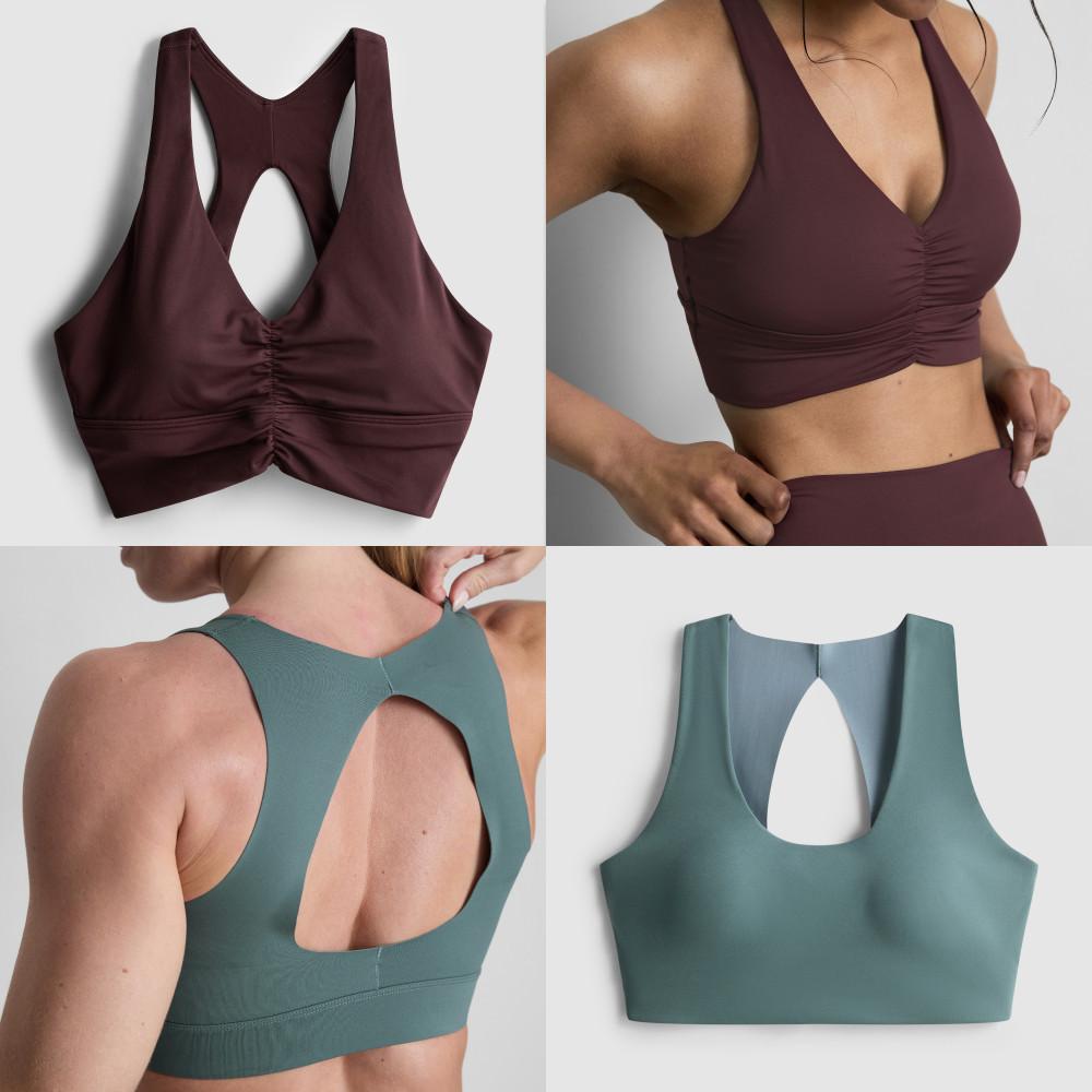 Sports bras in burgundy and sage green colors shown flat and worn, featuring racerback designs and ruched detailing.