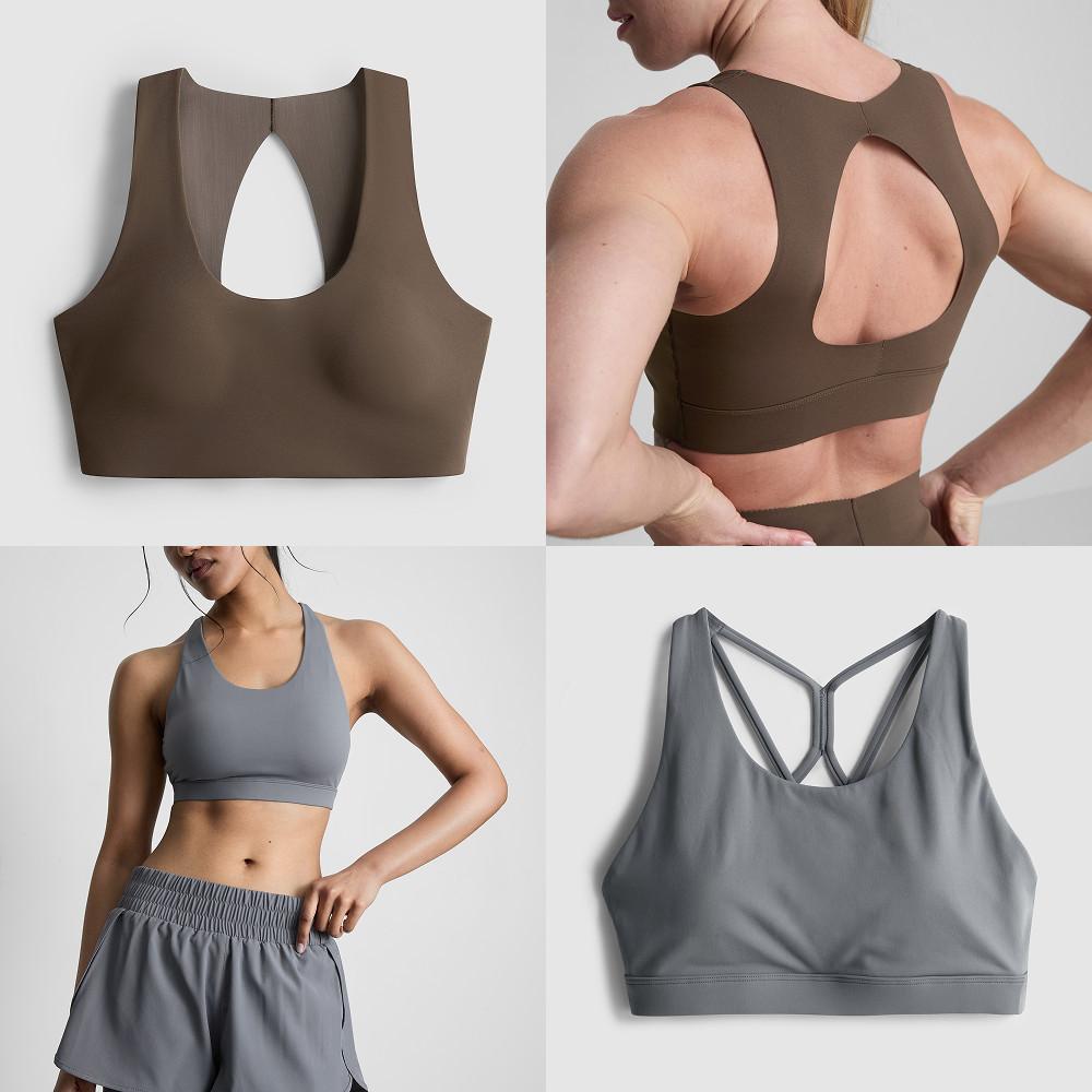 Sports bras in brown and grey colours shown from multiple angles, featuring open back designs and worn with matching shorts.