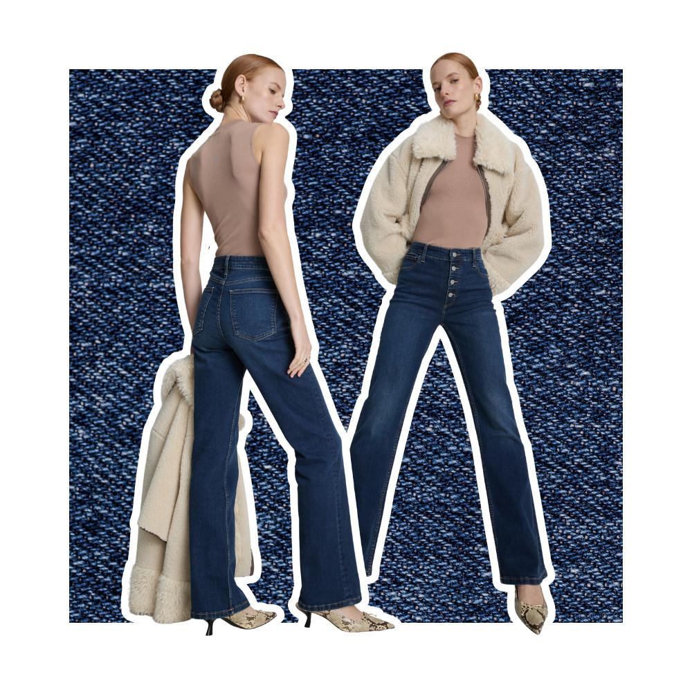 Two models wearing dark blue flared jeans with beige tops, one in a cream sherpa jacket against a denim background.
