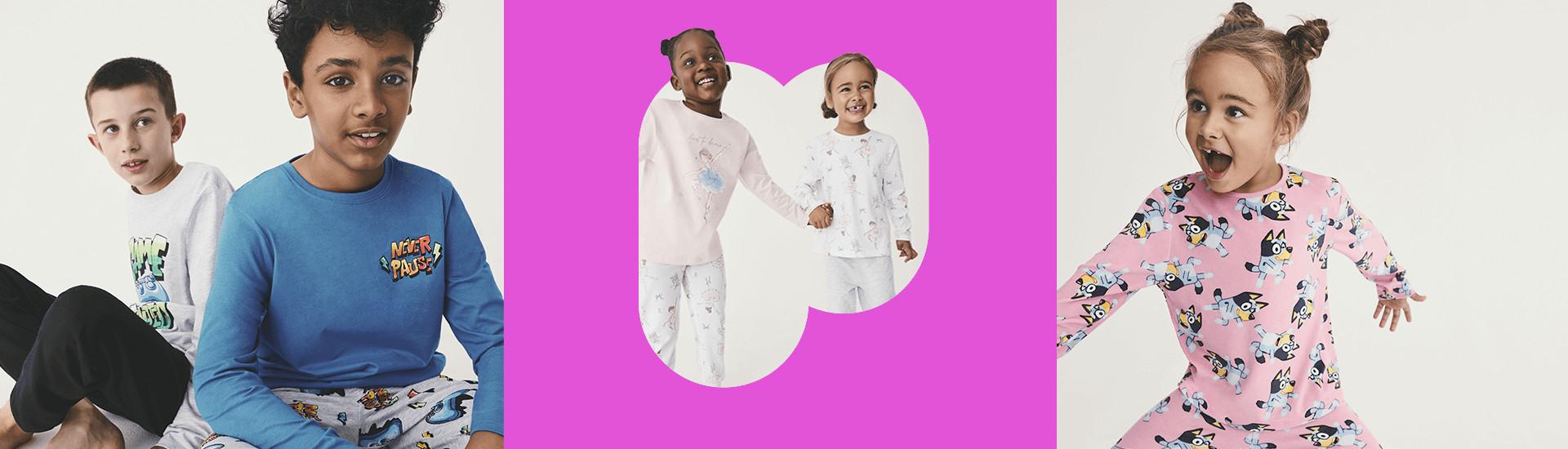 Children's cartoon print sleepwear: matching pajama sets in blue, pink and white.