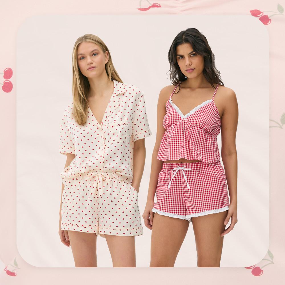 Two models in pajama sets: heart print white button-up, and red gingham camisole with matching shorts.