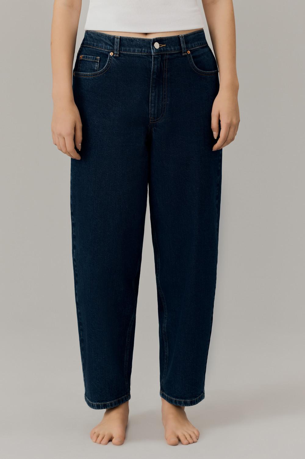 Dark blue wide-leg denim jeans with classic five-pocket styling and a high waist.