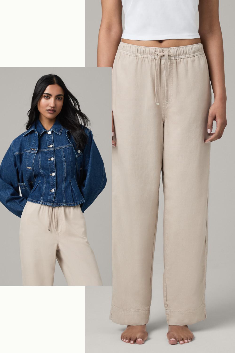 Fashion outfit featuring denim jacket with beige drawstring linen trousers, shown with white crop top.

AI: Beige drawstring linen trousers paired with a cropped denim jacket and white top for casual styling.