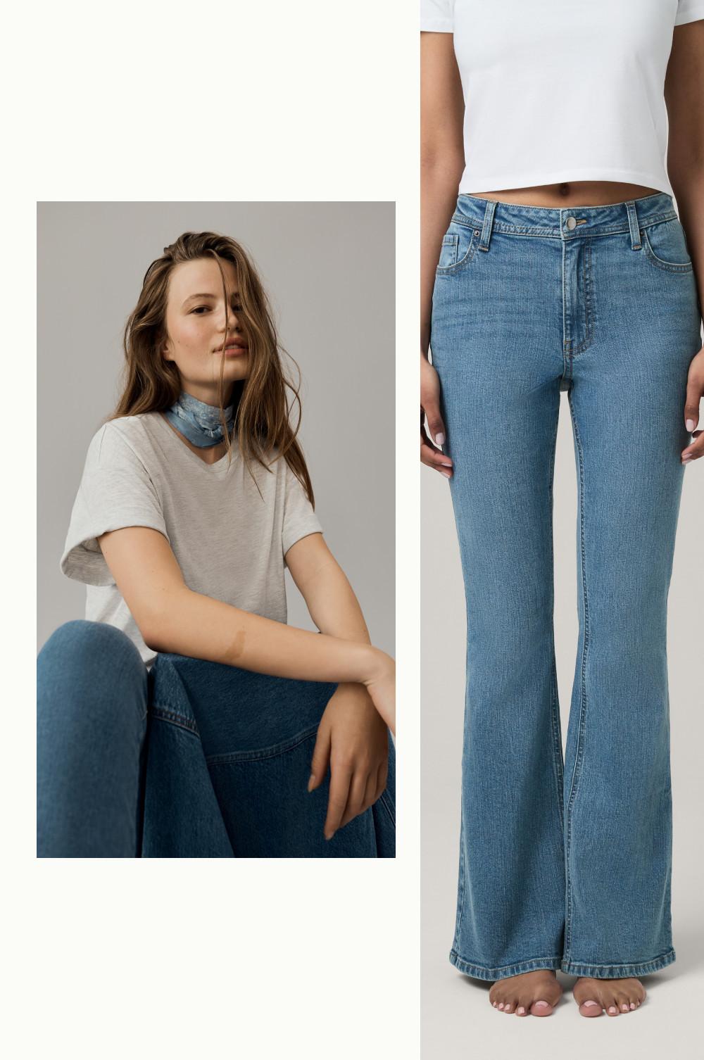 Split image showing casual outfit with blue denim neck scarf and flared jeans with white crop top.