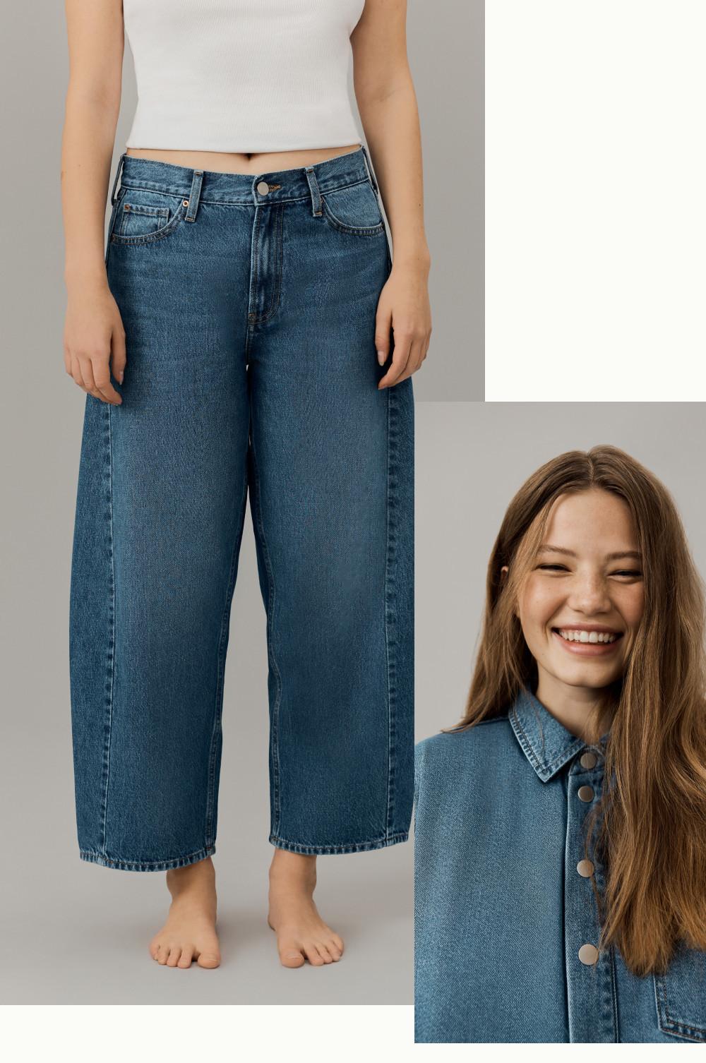 Wide-leg blue denim jeans paired with white crop top, shown with denim shirt detail on the right.