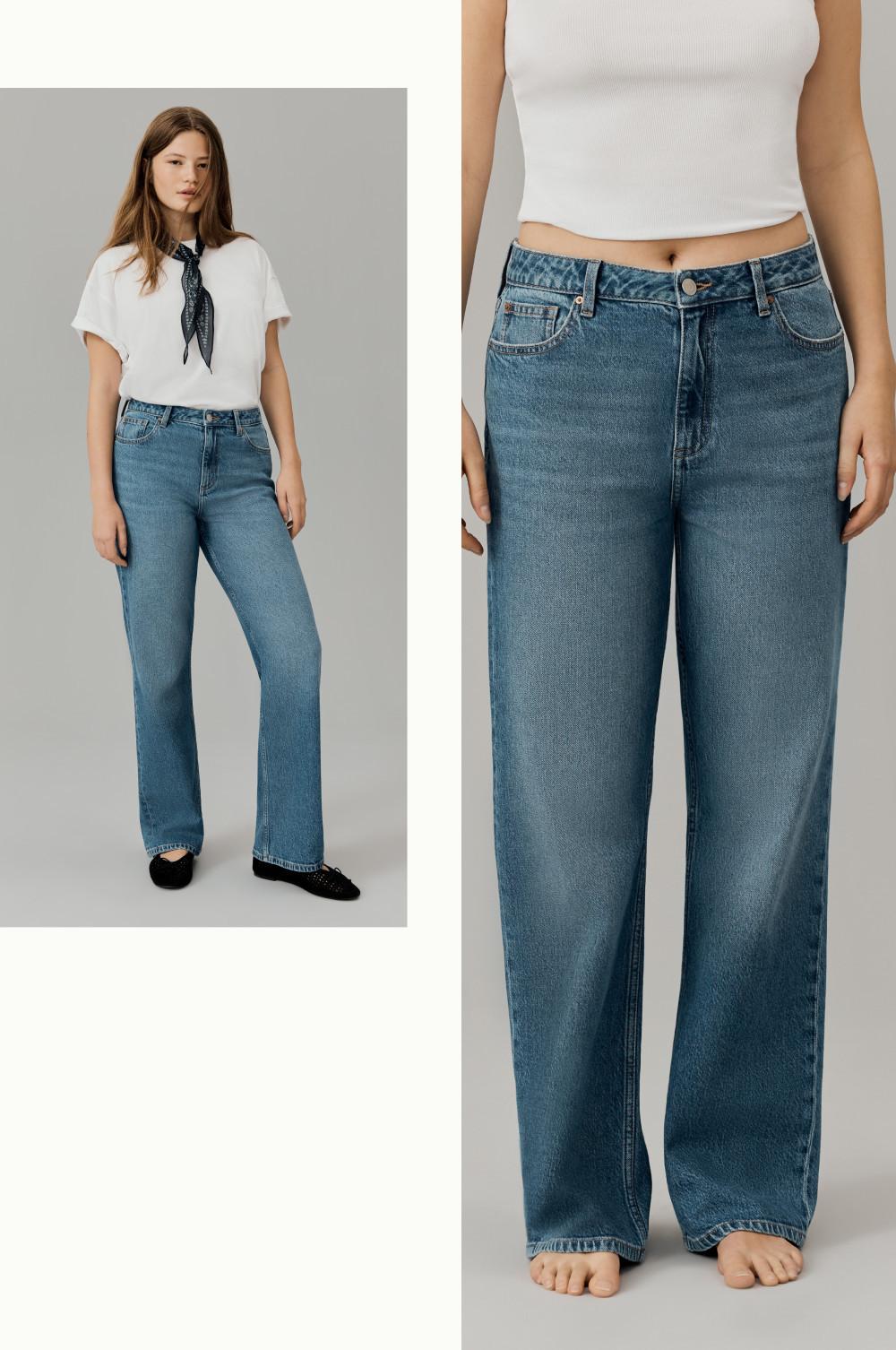 Medium wash straight-leg denim jeans shown in full outfit and close-up detail view with white tops.
