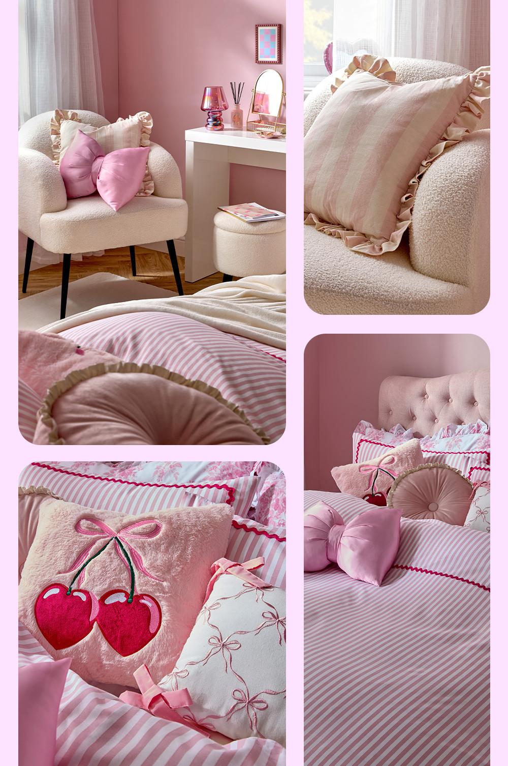 Collage of pink home decor items: cream armchair with large pink bow cushion, pink striped bedding with cherry and bow print cushions and a pink and cream striped cushion with a frill edge.