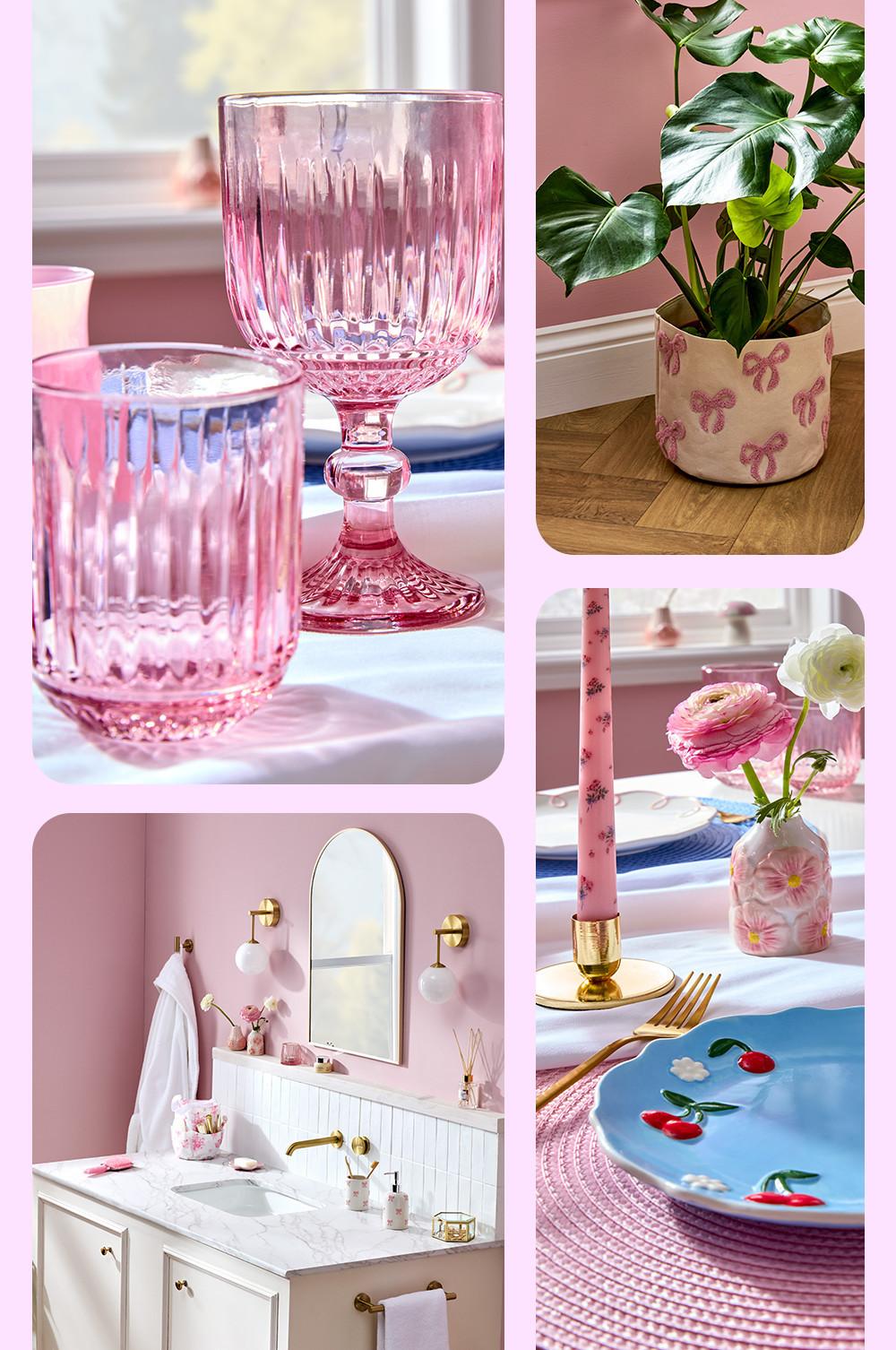 Collage of pink home decor items: pink embossed ridge tumbler and wine glass, monstera plant in bow-print pot, pink and white bathroom vanity, a blue plate with cherry and white flower details, a white and pink floral vase and a pink candle in a gold tone candle holder.