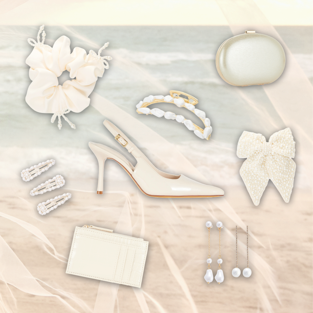 Bridal accessories collection featuring white slingback heel, hair clips, pearl earrings, clutch purse and bow hairpiece.