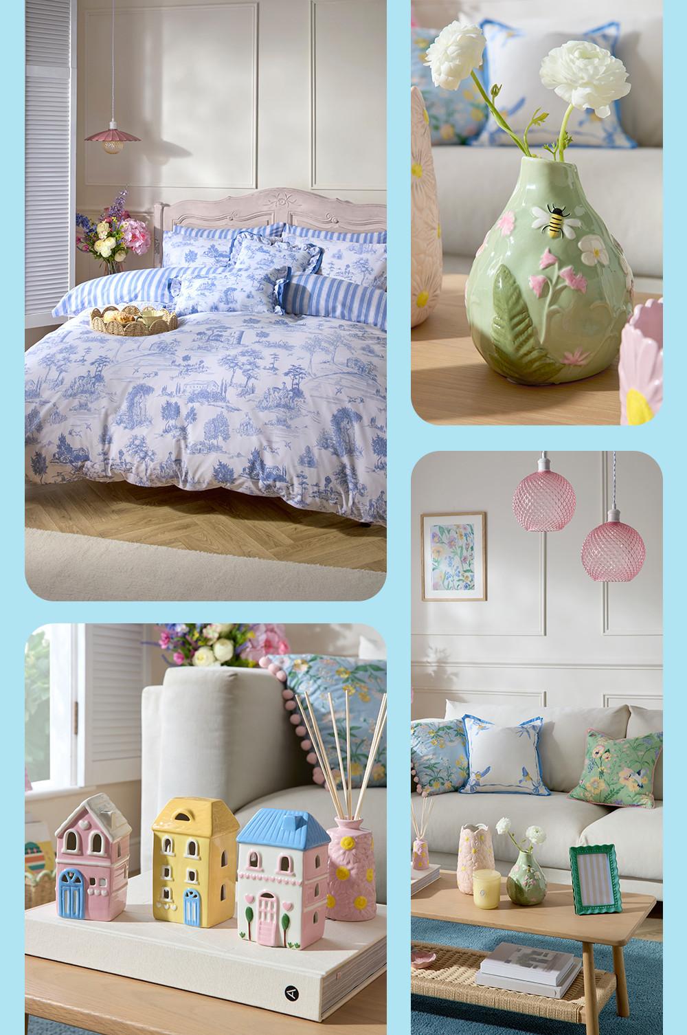 Collection of home decor images showing blue toile bedding, green ceramic vase with flowers, pink pendant lights and ceramic houses.