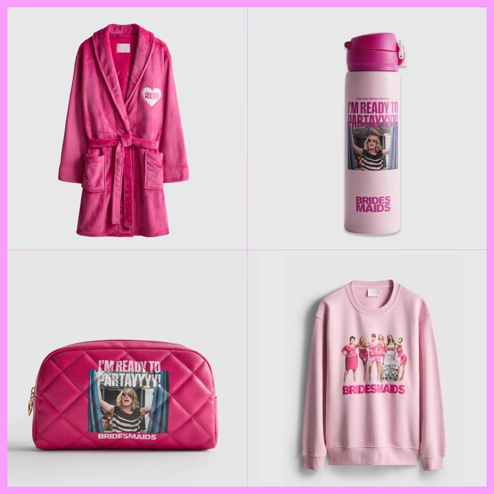Bridesmaids movie merchandise collection featuring pink bathrobe, water bottle, cosmetic bag and sweatshirt.