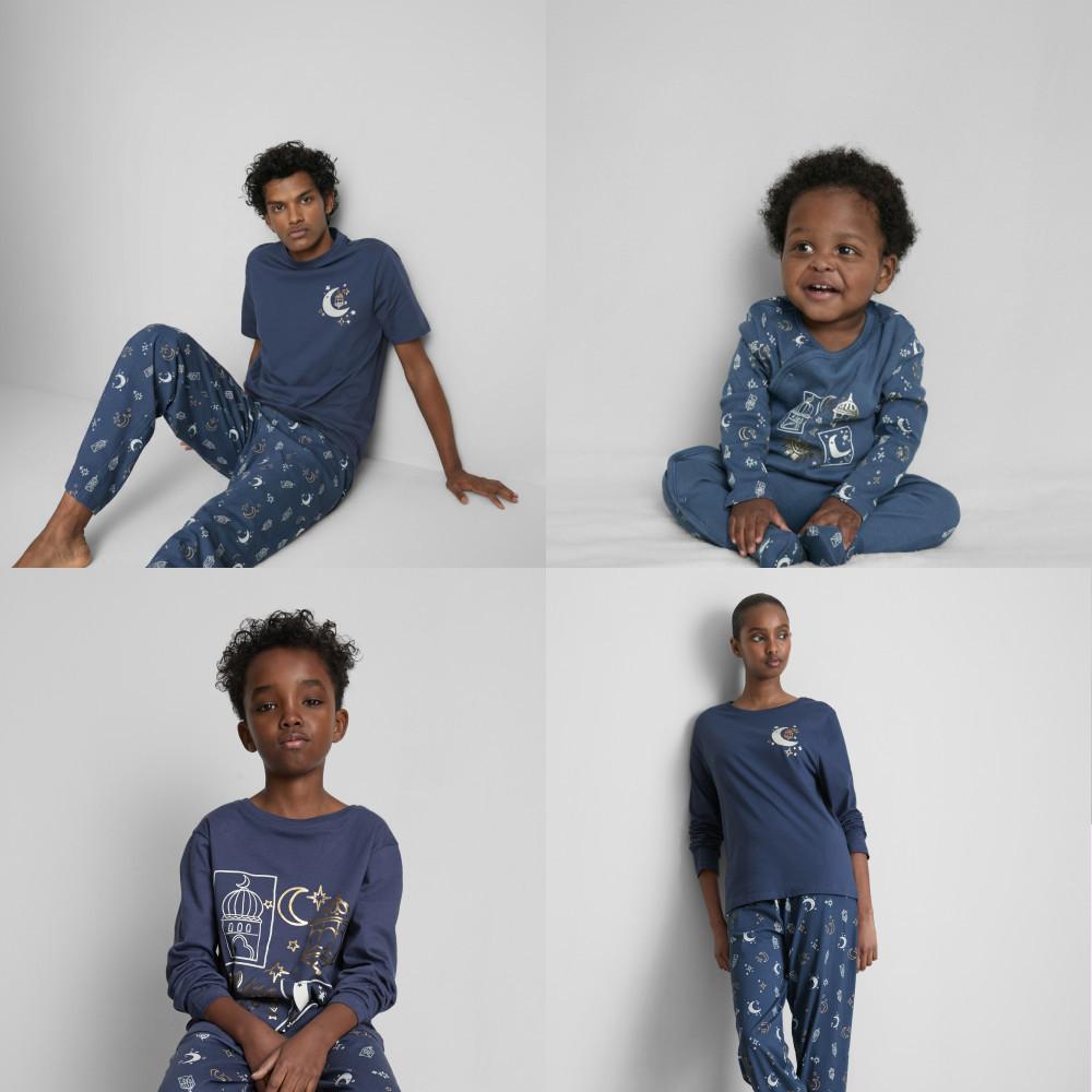 Four-panel image showing matching blue pyjamas with celestial patterns for different family members.