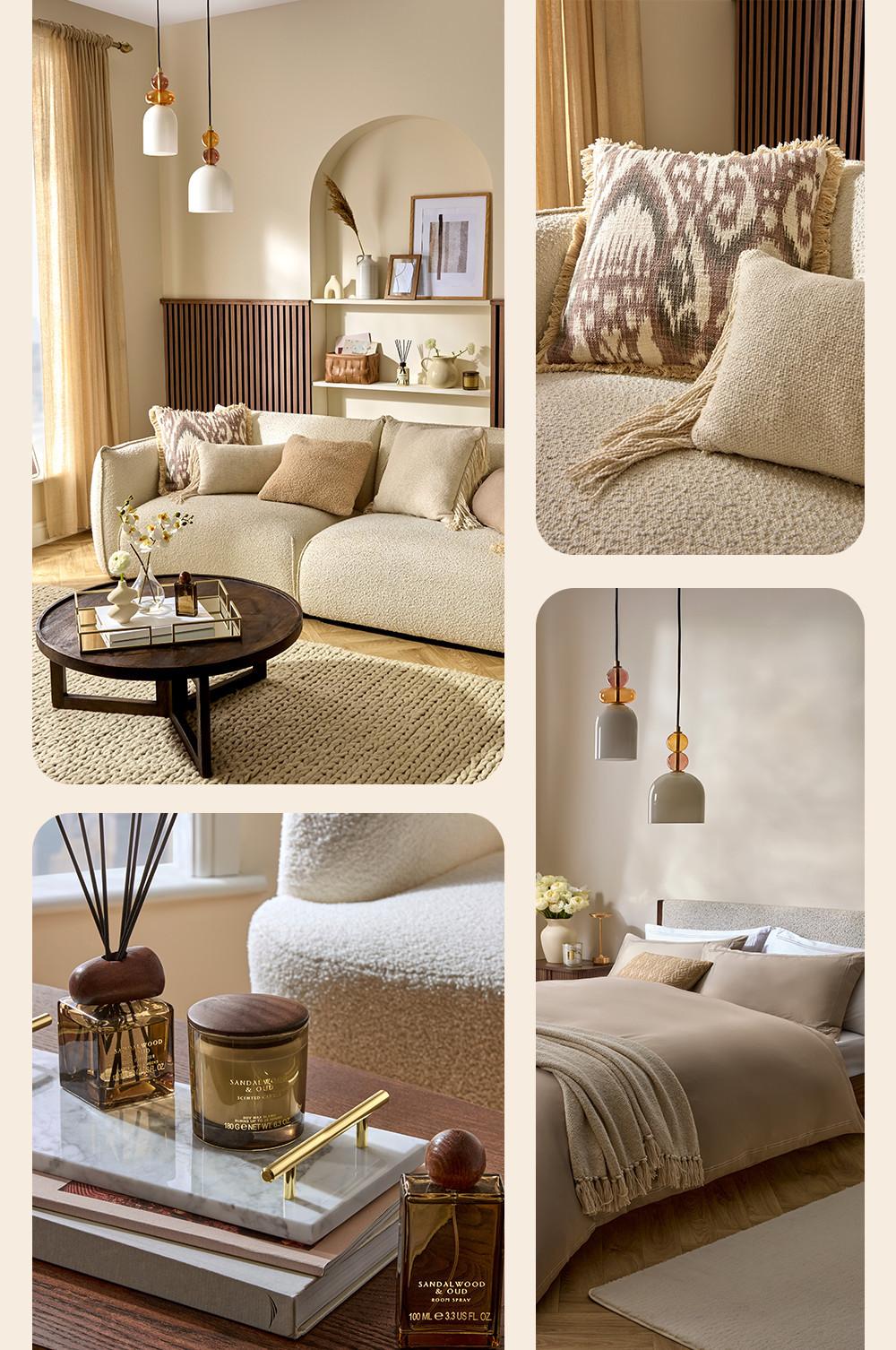 Gemütliches Wohnzimmer mit cremefarbenem Sofa, dekorativen Kissen und rundem Couchtisch mit Raumdüften.