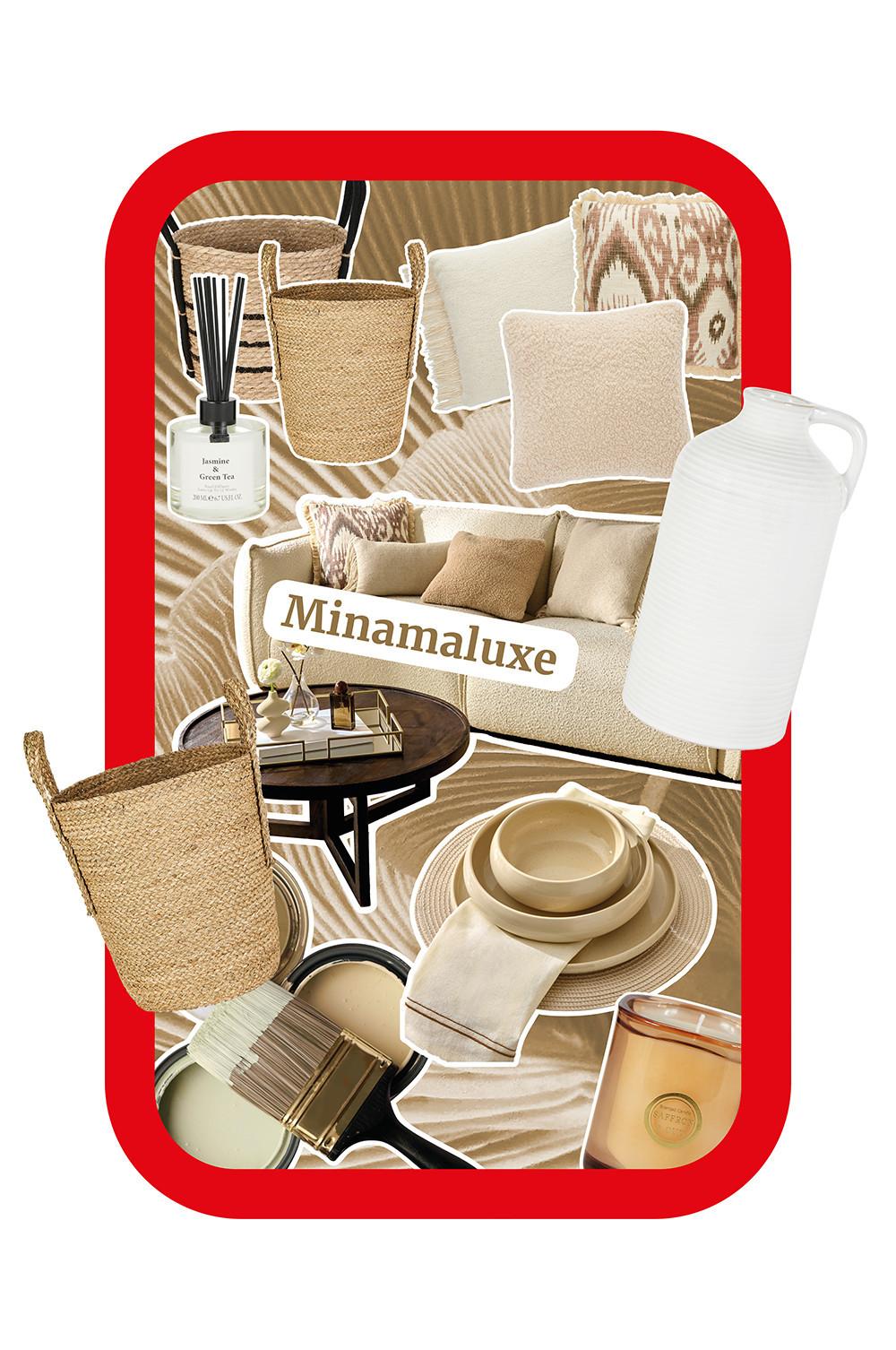 Minamaluxe home collection collage featuring reed diffusers and candles , woven baskets, ceramic dishes, and decorative pillows in neutral tones.