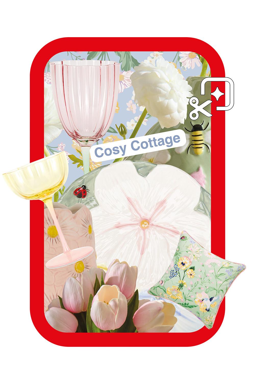 Floral cottage collage with pink and yellow wine glass, faux pink tulips, decorative cushion and floral plates.